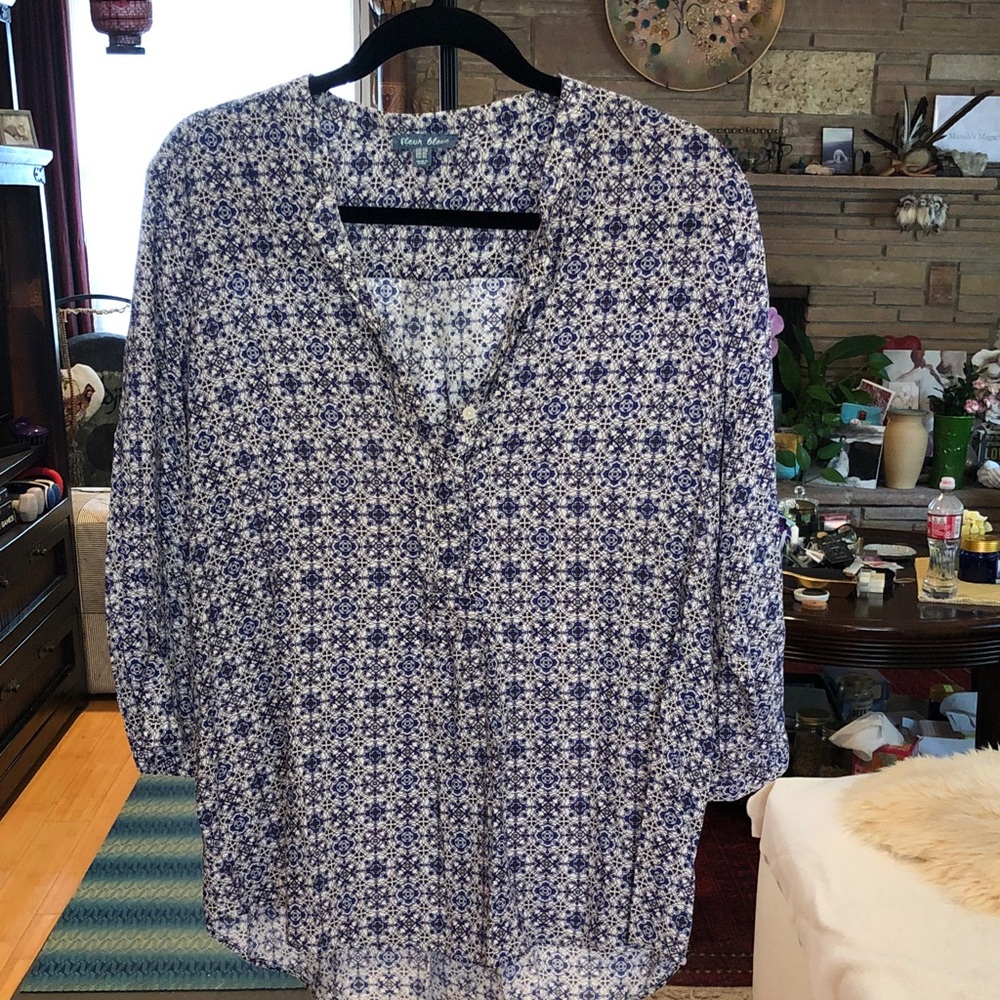 Fleur Blue and White Geometric V-Neck Blouse